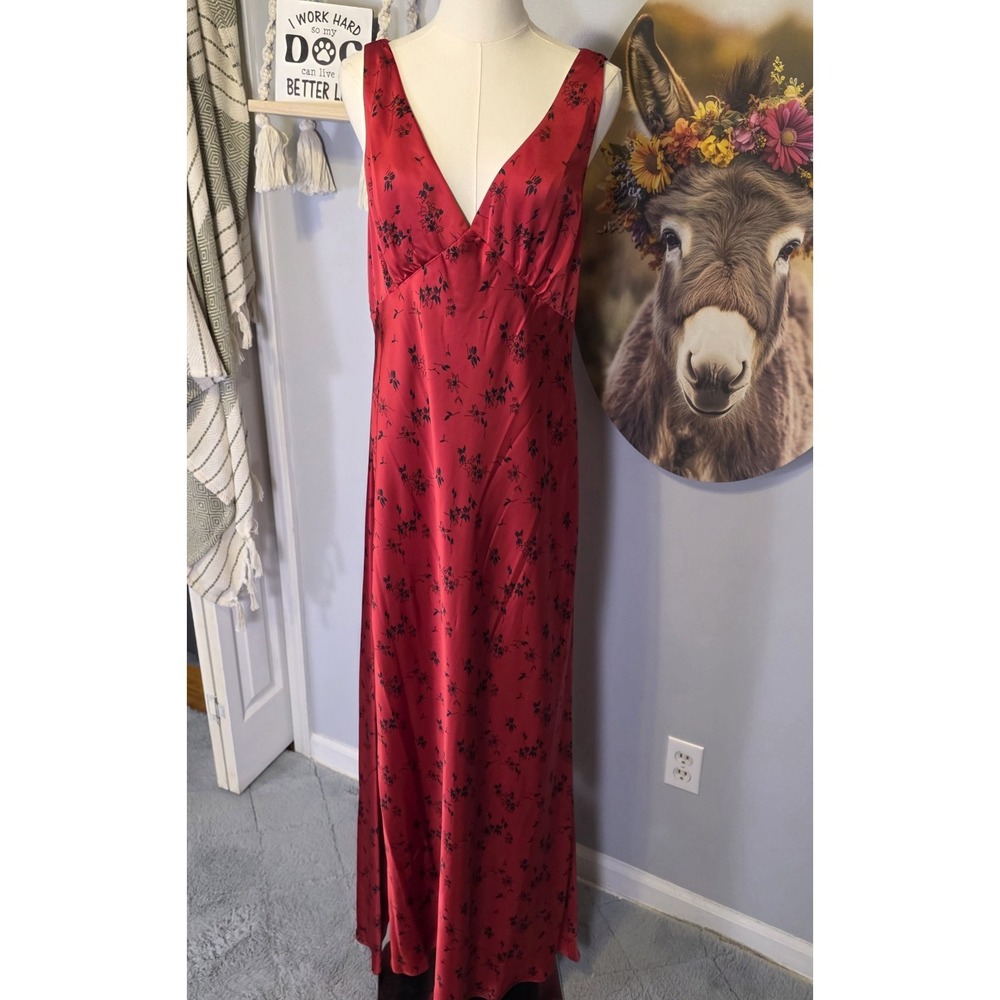 Ralph Lauren Floral Satin Charmeuse Cowlback Gown Size 14‎ Red Black Label